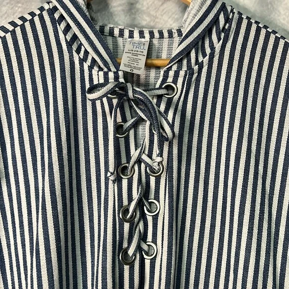 Time And Tru Denim Blue and White Striped Lace Front Hooded Swim Coverup - sz L - Picture 5 of 6